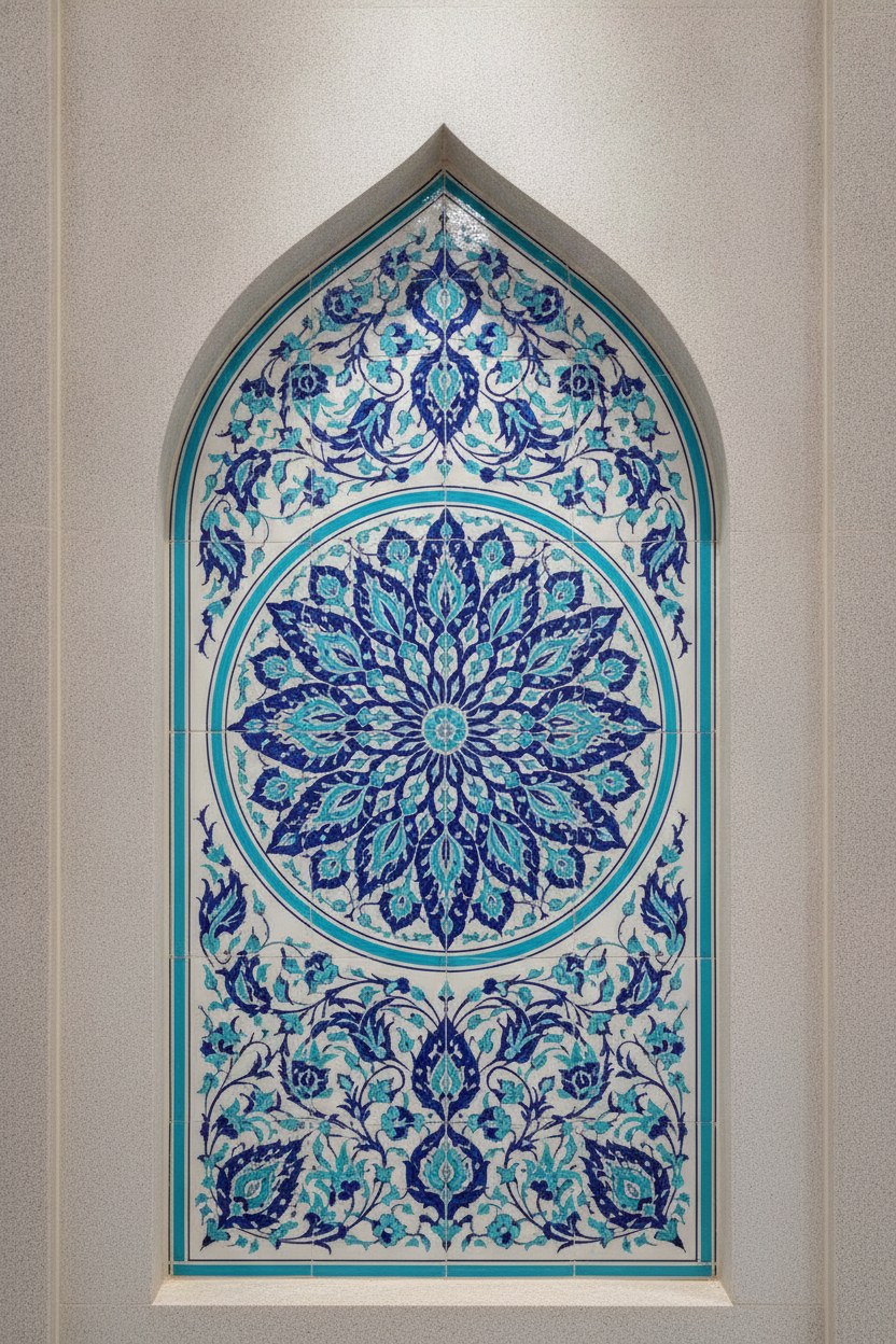 Sivri kemerli mihrab formunda, merkezinde kobalt ve turkuaz rozet bulunan el boyaması İznik çini duvar panosu
